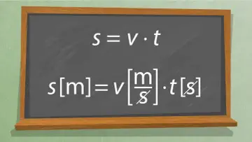 Na tablicy wzory opisujące ruch jednostajny prostoliniowy: s = v⋅t oraz s[m] = v[m/s]⋅t[s].