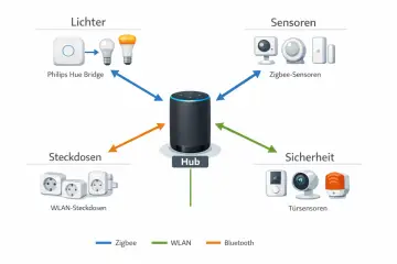 Schema zeigt, wie Philips Hue Bridge, Zigbee-Sensoren, WLAN-Steckdosen und Türsensoren mit einem Hub verbunden sind. Die Hue Bridge Reichweite wird durch Zigbee-Verbindungen erweitert.