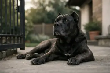 Potężny pies rasy Cane Corso leży przy bramie. Czy cane corso jest agresywny? Ten pies wygląda na spokojnego.