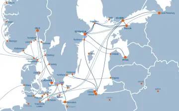 Mapa szlaków promowych: Polska, Norwegia, Szwecja, Dania, Finlandia, kraje bałtyckie.