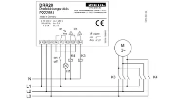 Schemat elektryczny z czujnikiem kolejności faz DRR20. Urządzenie monitoruje fazy L1, L2, L3 i steruje silnikiem trójfazowym M.
