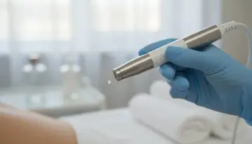 Dłoń w niebieskiej rękawiczce trzyma urządzenie do zabiegu dermapen, z którego kapie kropla serum.
