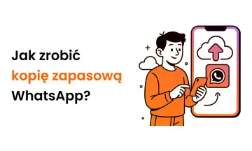 Ilustracja pokazuje, jak zrobić kopię zapasową WhatsApp. Mężczyzna trzyma telefon, a na ekranie widnieje ikona chmury z ikoną WhatsApp.