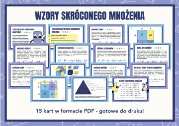 Wzory skróconego mnożenia: kwadraty, sześciany sum i różnic, trójkąt Pascala. 15 kart PDF.