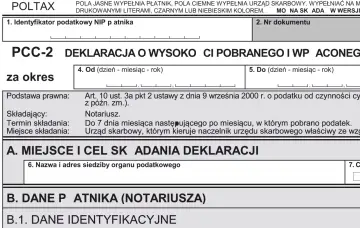 Formularz PCC-2, deklaracja o wysokości pobranego podatku od czynności cywilnoprawnych, np. podatek od kupna mieszkania.