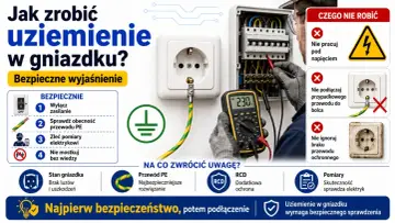 Instrukcja bezpiecznego wykonania uziemienia w gniazdku. Pokazuje prawidłowe podłączenie przewodu PE, pomiary elektryczne i czego unikać.
