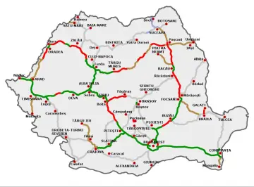Mapa drogów Rumunii z zaznaczonymi miastami. Podróżując po kraju, warto sprawdzić ceny paliwa i noclegów w różnych regionach.