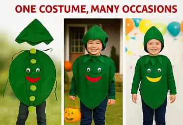 Zielony strój warzywo dla dziecka, z uśmiechniętą buźką i czapką. Idealny na Halloween lub bal przebierańców.