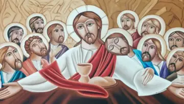 Ostatnia Wieczerza, gdzie Jezus, alter Christus, błogosławi chleb i wino. Apostołowie wokół niego wsłuchują się w jego słowa.