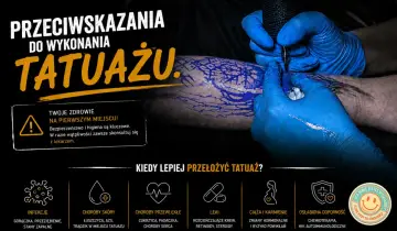 Rękawiczki ochronne wykonują tatuaż. Informacje o przeciwwskazaniach do wykonania tatuażu, w tym o chorobach i lekach.