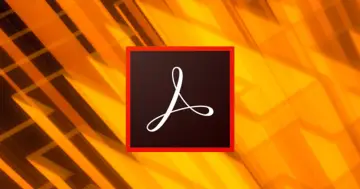 Logo Adobe Acrobat na tle pomarańczowych, geometrycznych kształtów. Pobierz adobe acrobat za darmo!