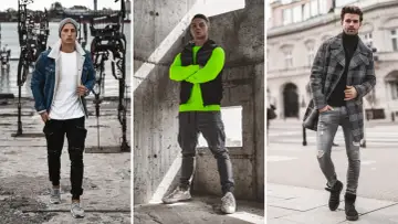 Trzech mężczyzn prezentuje gotowe zestawy ubrań do kupienia: denimowa kurtka z kożuszkiem, neonowa bluza z kamizelką i płaszcz w kratę.