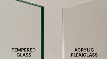 Close-up of tempered glass and acrylic plexiglass edges. Acrylic plexiglass is used for displays, barriers, and signage due to its durability.