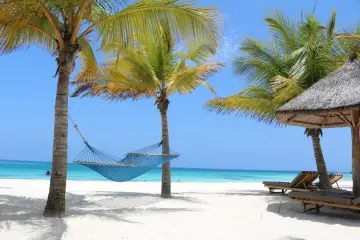 Błękitna plaża z palmami i hamakiem, idealne miejsce by odpocząć i zastanowić się, gdzie leży Zanzibar.
