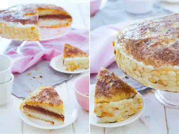 Deliciosa tarta San Marcos con capas de bizcocho, crema y cobertura de almendras tostadas. Un postre perfecto para celebrar.