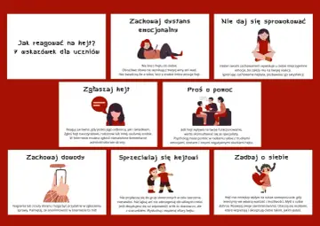 Grafika pokazuje 7 sposobów na reakcję na hejt: zachowaj dystans, nie daj się sprowokować, zgłaszaj, proś o pomoc, zachowaj dowody, sprzeciwiaj się i zadbaj o siebie.