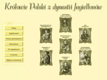 Portret króla z dynastii Jagiellonów, obok innych władców. Menu po lewej zawiera opcję "Jagiellonowie".