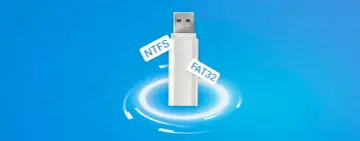 Biały pendrive z etykietami NTFS i FAT32, otoczony kręgami, sugeruje, jak odzyskać pliki z pendrive.