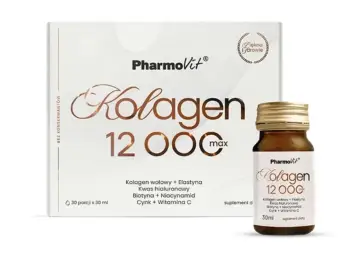 Najlepszy kolagen w płynie od Pharmovit. Opakowanie 30 porcji po 30 ml z kolagenem wołowym, elastyną i witaminą C.