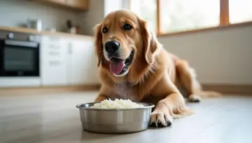 Złoty retriever leży obok miski z ryżem, zastanawiając się, czy pies może jeść rosół.