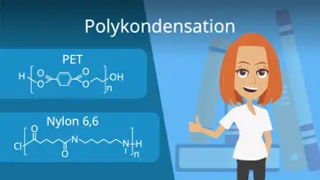 Chemie-Illustration mit PET- und Nylon-6,6-Strukturen, die den Prozess der Polykondensation erklären. Eine lächelnde Frau gibt Daumen hoch.