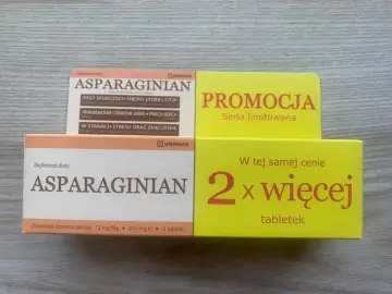 Dwa opakowania suplementu diety Asparaginian. Jedno w promocji, drugie w tej samej cenie 2x więcej tabletek.