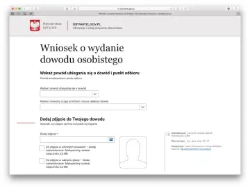Wniosek o wydanie dowodu osobistego online. Wybierz powód i urząd odbioru, dodaj zdjęcie zgodne z wymogami.