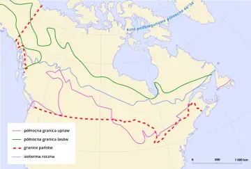 Mapa Kanady z zaznaczonymi granicami państw, północną granicą lasów i upraw oraz izotermą roczną. Pokazuje, z kim graniczy Kanada.