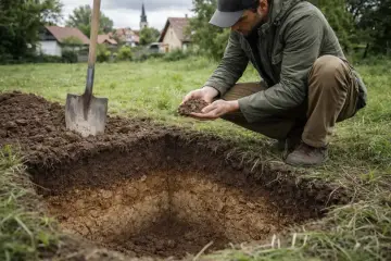 Mężczyzna bada ziemię na działce budowlanej. Obok łopata i wykop.