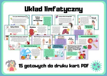 Ilustracja przedstawia schemat układu limfatycznego, jego budowę, funkcje, węzły chłonne, śledzionę, grasicę, choroby i higienę.
