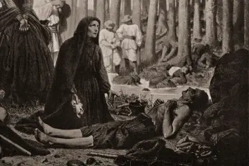 Kobieta w żałobie nad poległym, symbol polskiego mesjanizmu. W tle las i inni żołnierze.