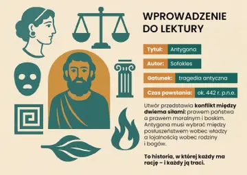 Sofokles, autor "Antygony", przedstawił konflikt między prawem państwa a moralnością. Grafika zawiera jego portret, maskę teatralną i wagę.