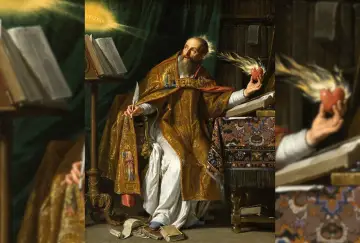Święty Augustyn, symbol scholastyki, trzyma płonące serce i pióro, otoczony księgami.