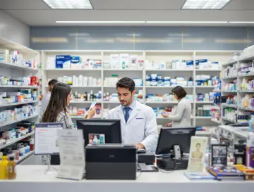Farmaceuta w białym kitlu pomaga klientce w aptece, gdzie na półkach widać leki. Zastanawiasz się, ile zarabia farmaceuta?