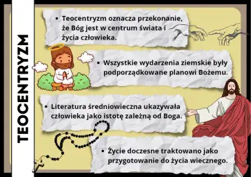 Teocentryzm co to? Bóg w centrum świata, wszystko podporządkowane planowi Bożemu. Człowiek zależny od Boga, życie doczesne to przygotowanie do wieczności.