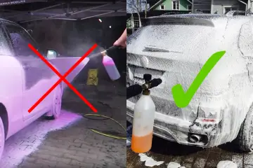 Två bilder visar biltvätt. Vänstra bilden visar felaktig användning av skumrengöring med ett rött kryss. Högra bilden visar korrekt applicering av tjockt skum med en grön bock.