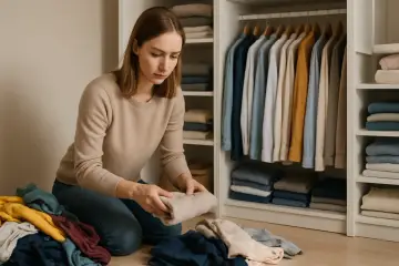 Kobieta składa ubrania, zastanawiając się, czy sprzątanie metodą KonMari faktycznie pomaga utrzymać czystość na lata. Szafa uporządkowana.
