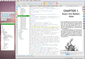 Program Sigil edytuje rozdział 1 "Alicji w Krainie Czarów", pokazując kod HTML i podgląd z królikiem.