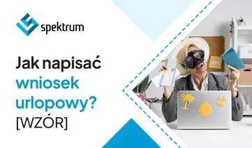 Kobieta w masce do nurkowania i kapeluszu trzyma bilety lotnicze i paszport, gotowa do wyjazdu. Obok laptop z wakacyjnymi naklejkami. Tekst: "Jak napisać wniosek urlopowy? [WZÓR]".