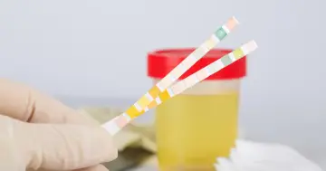 Rękawiczka trzyma paski testowe do analizy moczu, które mogą wykryć m.in. podwyższony mocznik we krwi. W tle pojemnik z żółtym płynem.
