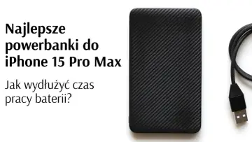Czarny powerbank z włókna węglowego i kabel USB na białym tle.
