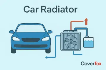 Diagram showing a blue car connected to a car radiator with a fan and coolant reservoir, illustrating how a radiator cools the engine.