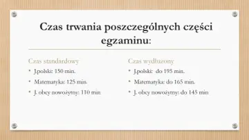 Czas trwania egzaminu ósmoklasisty: standardowy i wydłużony. Polski: 150/195 min, matematyka: 125/165 min, j. obcy: 110/145 min.