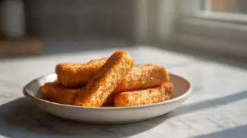 Złociste paluszki rybne z frytkownicy beztłuszczowej (airfryer) na talerzyku, kuszą chrupiącą panierką.