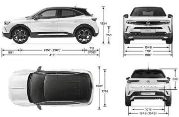 Opel Mokka wymiary: długość 4151 mm, szerokość 1791 mm, wysokość 1534 mm. Kompaktowy SUV z wyraźnymi proporcjami.