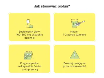Grafika pokazuje jak stosować piołun: suplementy, napar, czas kuracji (max 14 dni) i przeciwwskazania.