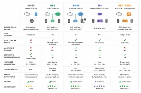 Rodzaje hybryd - Którą wybrać? Porównanie MHEV, HEV, PHEV, EREV
