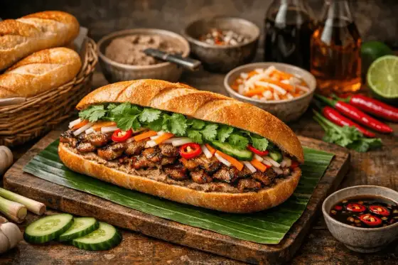 Banh mi hemma med krispigt bröd och picklade grönsaker