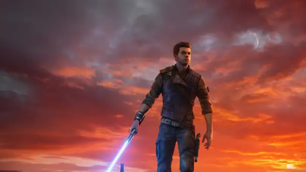 Cal Kestis, bohater Jedi Survivor PS4, stoi na tle dramatycznego, pomarańczowego nieba, trzymając zapalony miecz świetlny.
