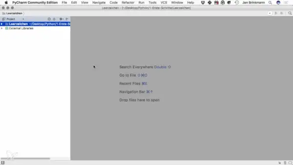 Interface PyCharm pour ouvrir un fichier python. Le projet "Leerzeichen" est visible dans l'explorateur de fichiers.